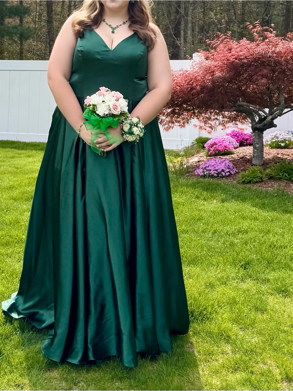 Sydney's Closet Emerald Green Satin A-Line Gown